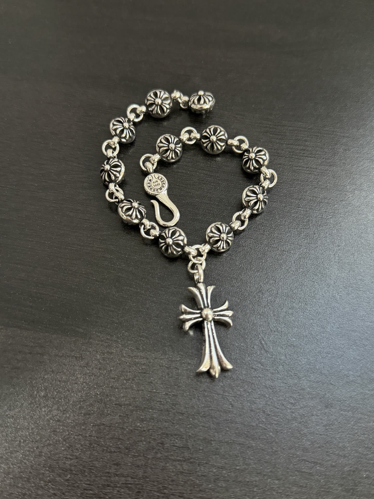 Chrome Hearts Silver Rosary Bracelet with Cross